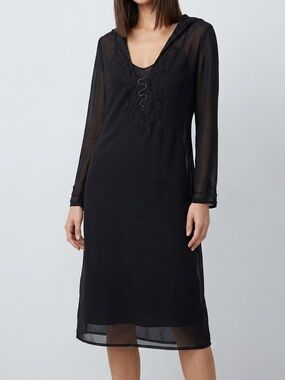 Koton Black Beaded Long Sleeve Hooded‎ Swim Coverup Midi Dress Size 6 Small